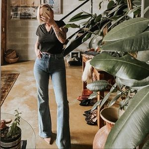 Denim Forum Marianne high rise flare jeans, mid-wash blue, size 26.